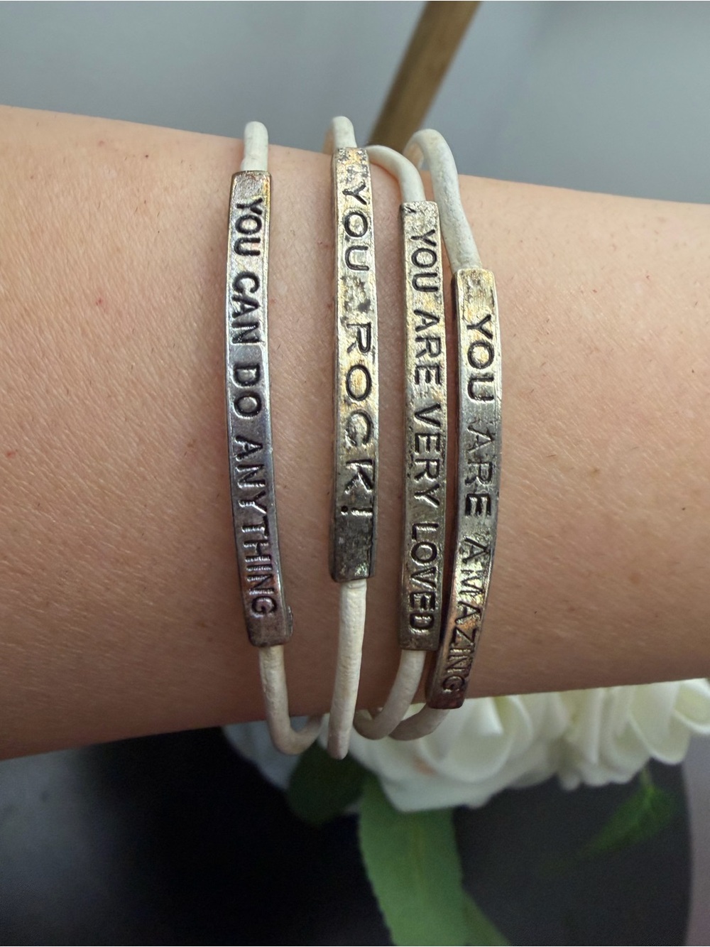 Inspirational Silver-Tone Bar Leather Wrap Bracelet - White